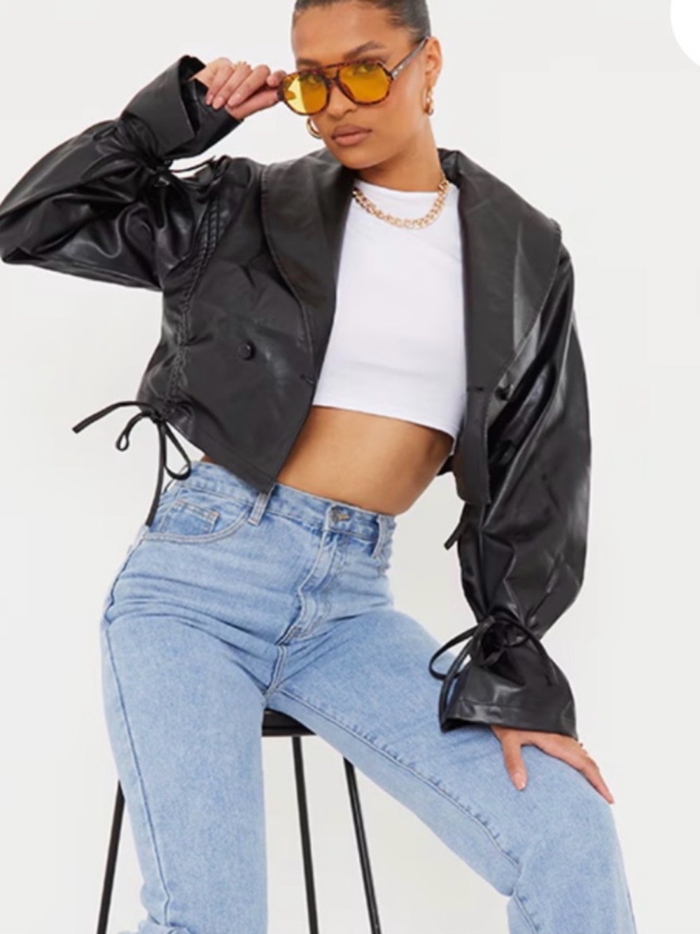 Pretty Little Thing Crop Faux Leather Jacket - Black (US 12)